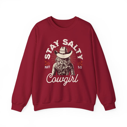 Stay Salty Crew red sweatshirt featuring a cowboy hat and cowgirl graphic, offering comfort with its polyester-cotton blend, ribbed collar, and seamless design.