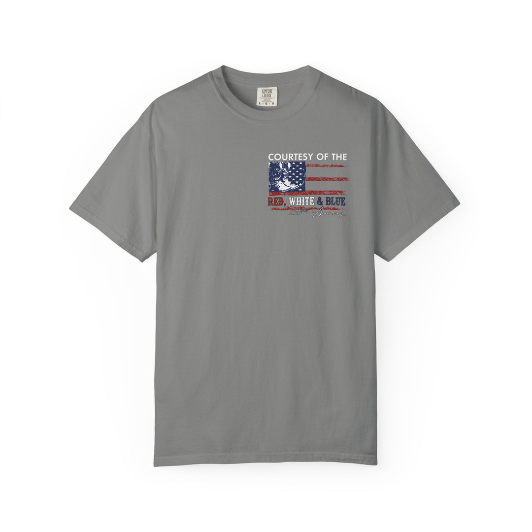 Courtesy of the USA Tee features a distressed American flag with a cowboy boot graphic, celebrating the 250th Anniversary in a relaxed, durable Comfort Colors design.