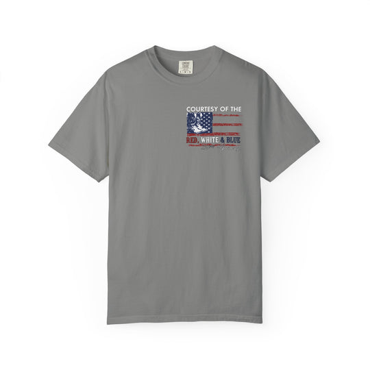 Courtesy of the USA Tee features a distressed American flag with a cowboy boot graphic, celebrating the 250th Anniversary in a relaxed, durable Comfort Colors design.