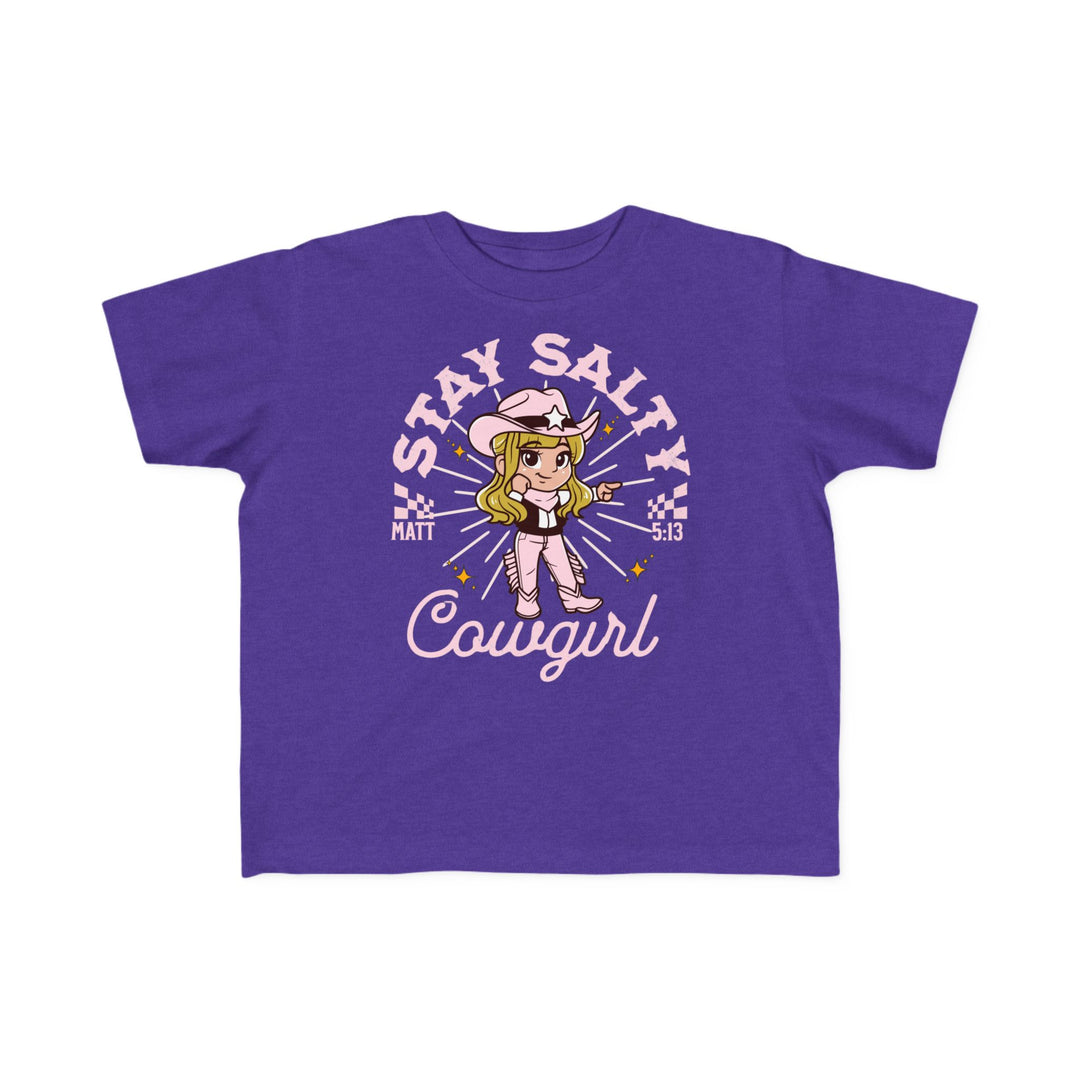Salty Cowgirl Tee featuring a cartoon girl in a cowboy hat. Made from soft cotton, perfect for toddlers. Available in sizes 2T to 5-6T.