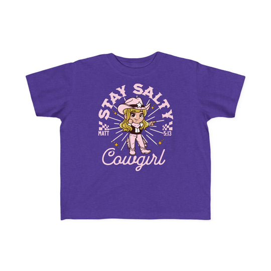 Salty Cowgirl Tee featuring a cartoon girl in a cowboy hat. Made from soft cotton, perfect for toddlers. Available in sizes 2T to 5-6T.