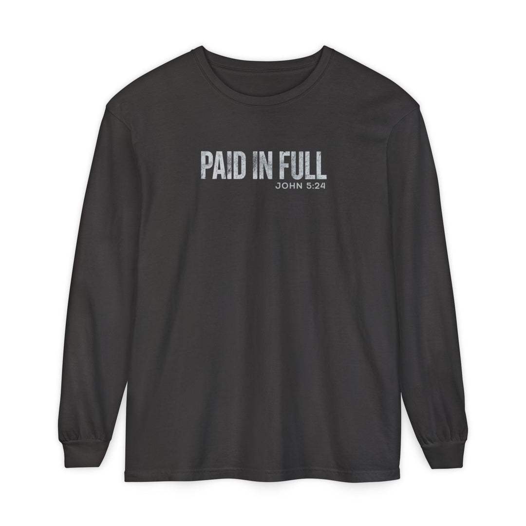 Black long-sleeve T-shirt with PAID IN FULL and JOHN 5:24 in white. Made of 100% ring-spun cotton, offering a relaxed, comfortable fit.