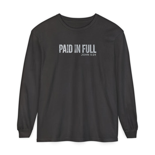 Black long-sleeve T-shirt with PAID IN FULL and JOHN 5:24 in white. Made of 100% ring-spun cotton, offering a relaxed, comfortable fit.