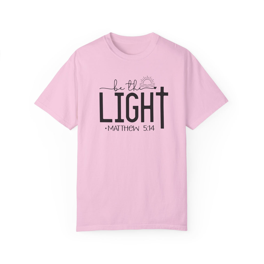 A ring-spun cotton Be the Light Tee, garment-dyed for extra coziness. Relaxed fit with double-needle stitching, no side-seams for durability and shape retention. Medium weight, perfect for daily wear.