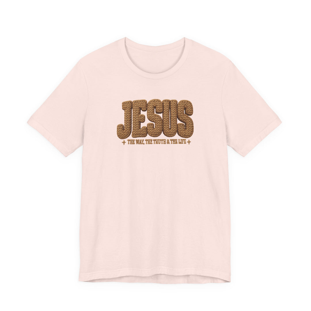 Jesus Tee: Light-colored short-sleeve T-shirt featuring JESUS in rope-textured brown font and + THE WAY, THE TRUTH & THE LIFE + below.