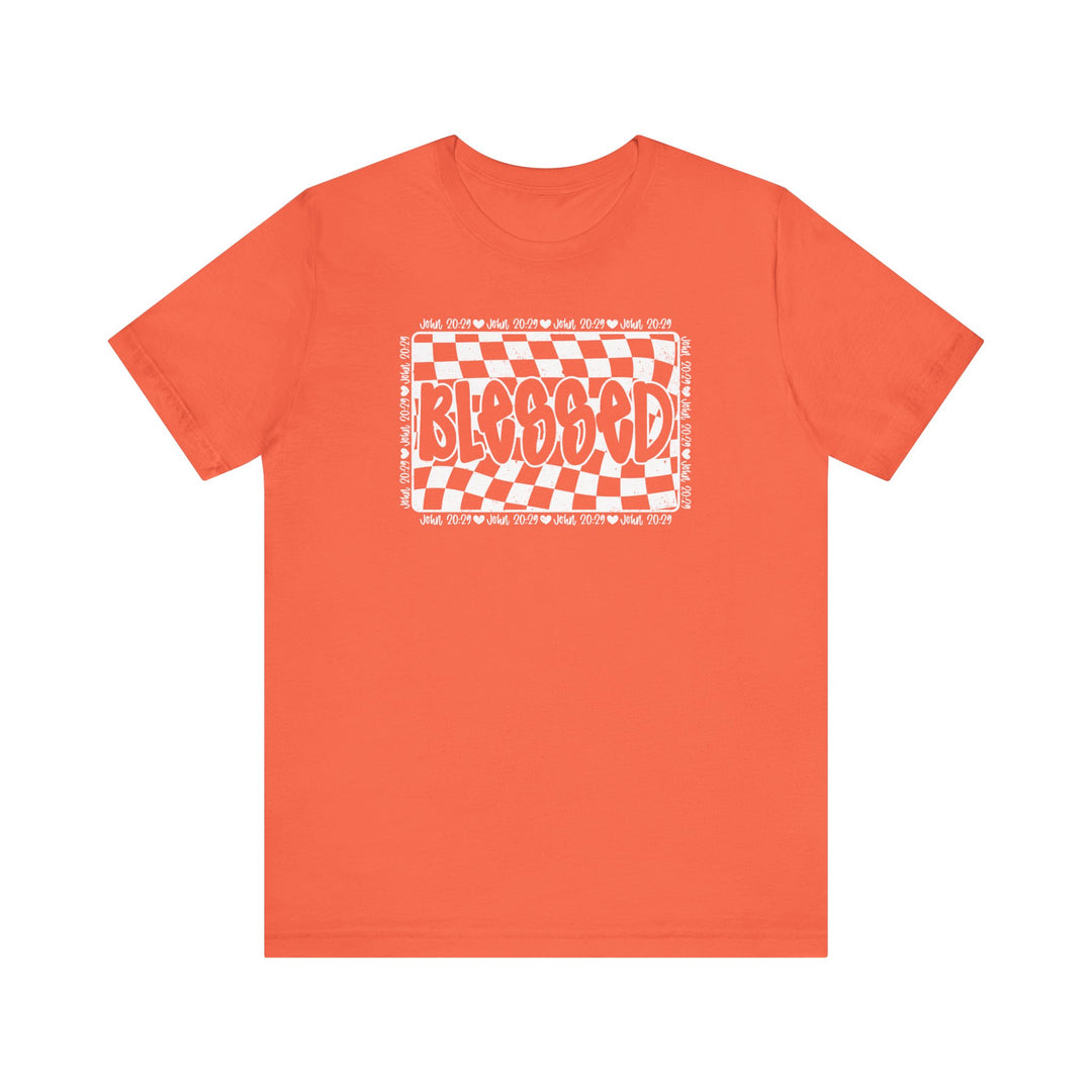 Blessed Tee: Classic unisex jersey short sleeve t-shirt with white text design, featuring ribbed knit collars and dual side seams for lasting shape.
