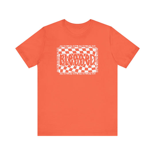 Blessed Tee: Classic unisex jersey short sleeve t-shirt with white text design, featuring ribbed knit collars and dual side seams for lasting shape.