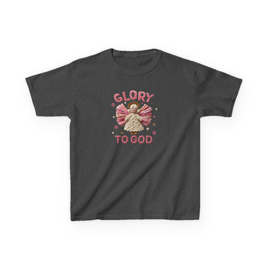 Charcoal-gray Glory to God kids tee featuring an embroidered angel with pink wings and halo, surrounded by stars, suitable for everyday wear.