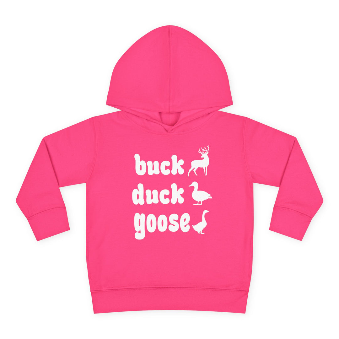 Buck, Duck, Goose, Toddler Hoodie: Playful pink hoodie with white animal silhouettes and text, featuring durable construction and cozy comfort for toddlers.