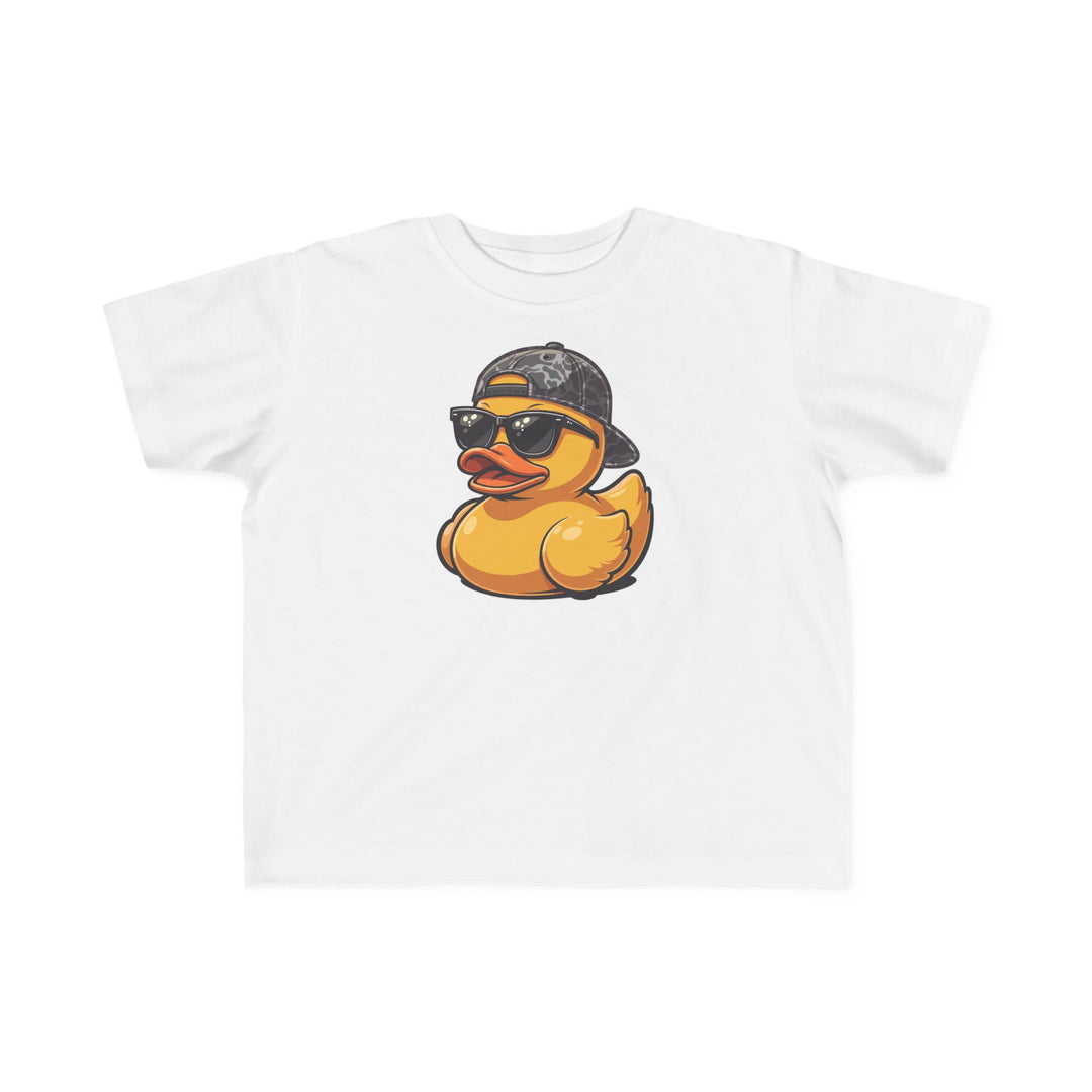 Ducky Toddler Tee features a yellow rubber duck with sunglasses and a cap, perfect for toddlers' sensitive skin, made of soft, high-quality cotton.