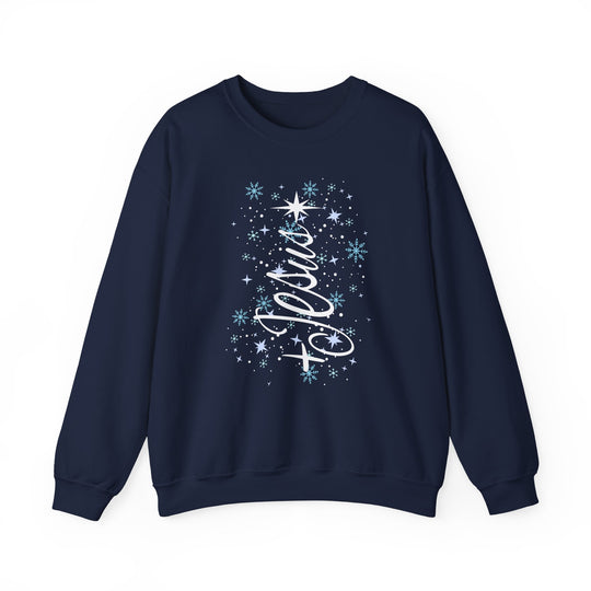 Navy-blue crewneck sweatshirt with Noel forming a Christmas tree design, star-topped, surrounded by snowflakes. Ideal for cozy, stylish holiday wear.