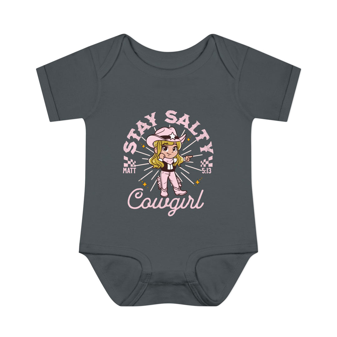 Salty Cowgirl Onesie: Grey baby bodysuit with a cartoon girl in a cowboy hat and pink pants, made from soft, 100% combed ring-spun cotton.