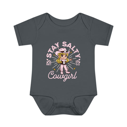Salty Cowgirl Onesie: Grey baby bodysuit with a cartoon girl in a cowboy hat and pink pants, made from soft, 100% combed ring-spun cotton.