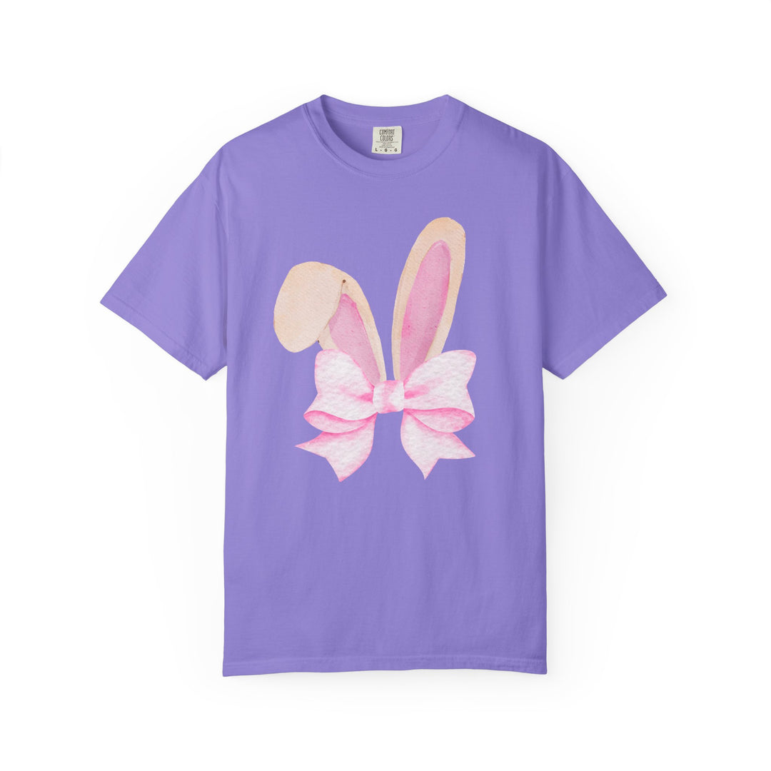 Lavender-purple Bunny Bow Tree Tee featuring a watercolor-style graphic of bunny ears tied with a pink bow, offering a relaxed, unisex fit from Faith Family Designs.