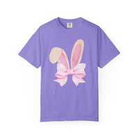 Lavender-purple Bunny Bow Tree Tee featuring a watercolor-style graphic of bunny ears tied with a pink bow, offering a relaxed, unisex fit from Faith Family Designs.