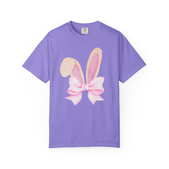 Lavender-purple Bunny Bow Tree Tee featuring a watercolor-style graphic of bunny ears tied with a pink bow, offering a relaxed, unisex fit from Faith Family Designs.