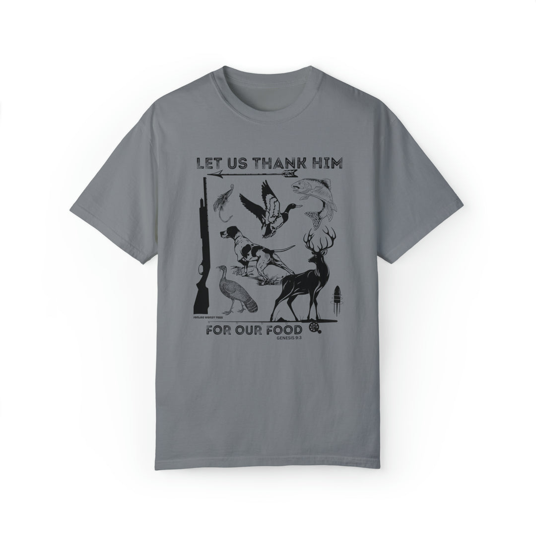 Unisex Let Us Thank Him For Our Food Tee featuring birds and deer on a grey t-shirt. Made of 80% ring-spun cotton, 20% polyester with a relaxed fit and rolled-forward shoulder. Sizes S to 4XL.