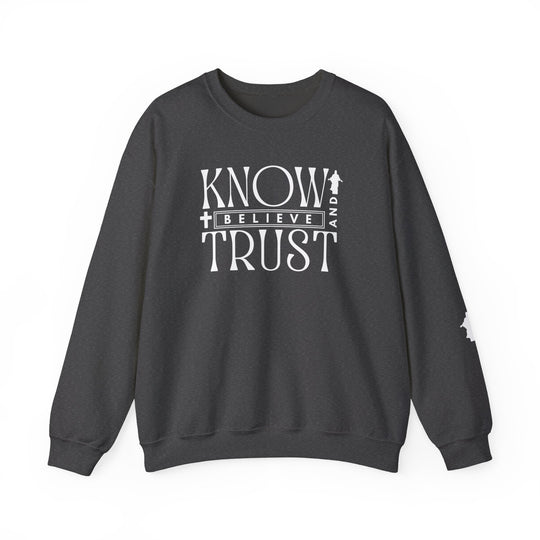 Trust, Know, Believe Crew sweatshirt, close-up of fabric texture and ribbed collar, showcasing casual style and comfort. Ideal for colder months, blending polyester and cotton.