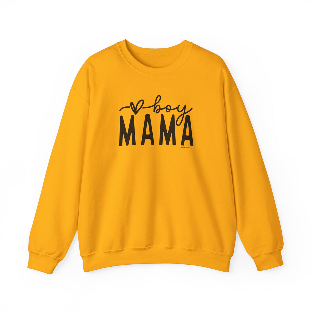 A Boy Mama Crew unisex heavy blend crewneck sweatshirt in yellow with black text. Made of 50% cotton, 50% polyester, ribbed knit collar, no itchy side seams, loose fit, medium-heavy fabric.