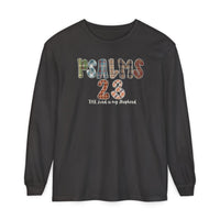 Black long-sleeve T-shirt with PSALMS 23 and The Lord is my Shepherd patchwork graphic, offering a soft, comfortable fit from Faith Family Designs.