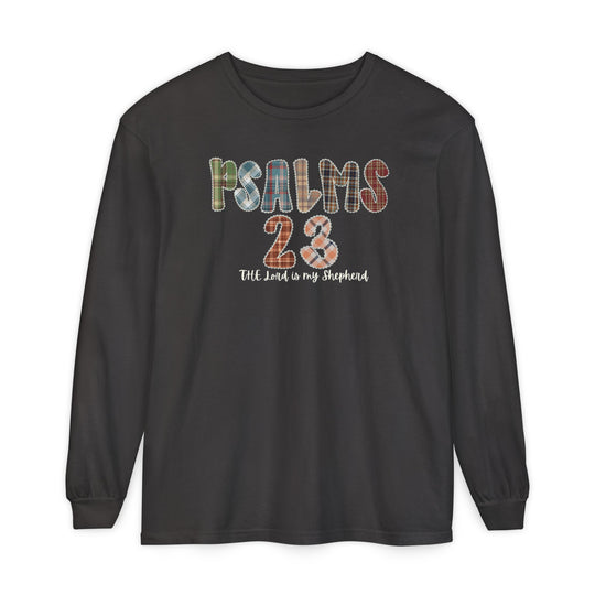 Black long-sleeve T-shirt with PSALMS 23 and The Lord is my Shepherd patchwork graphic, offering a soft, comfortable fit from Faith Family Designs.