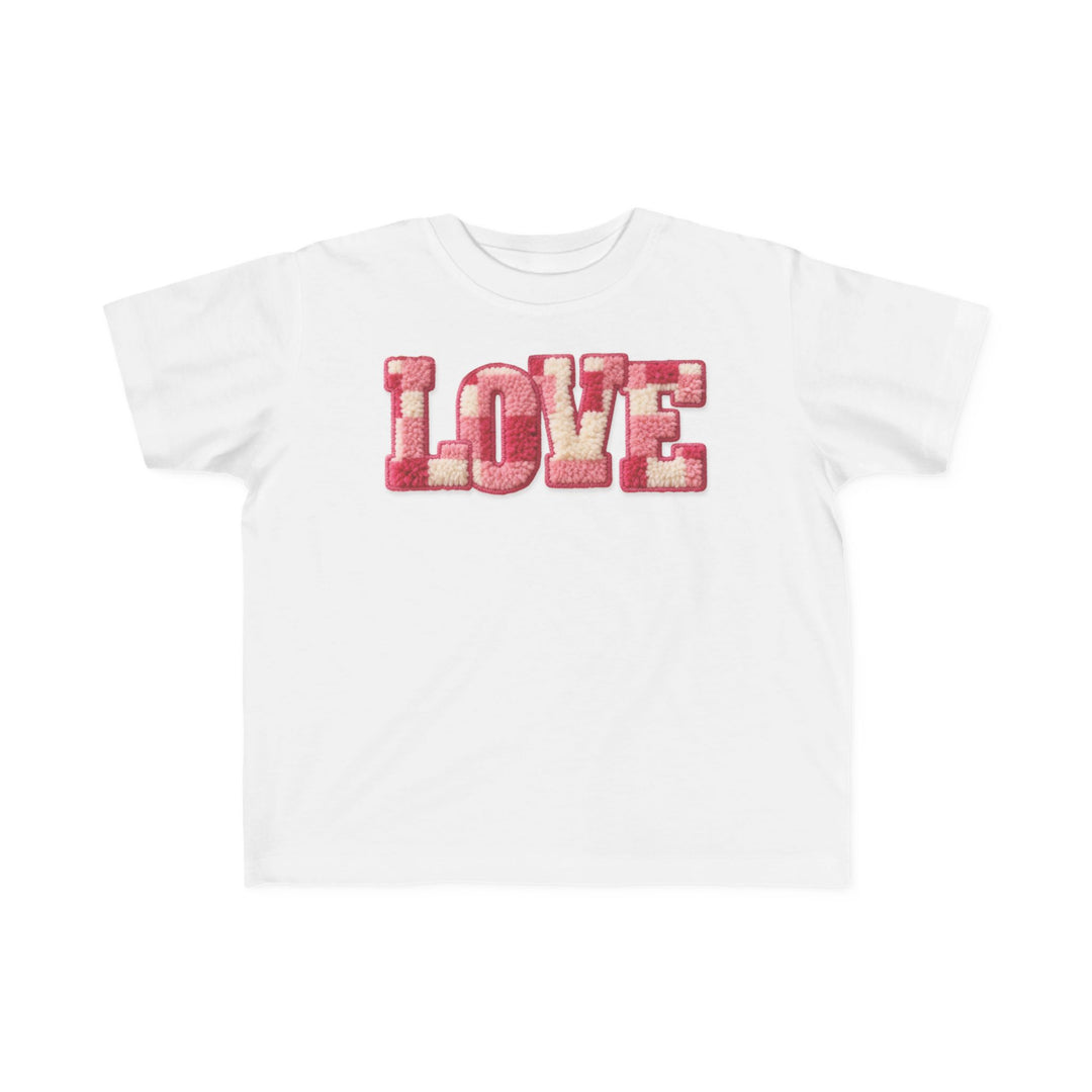 Love Toddler Tee with tufted LOVE letters in pinkish-red and cream, offering softness and a classic fit ideal for toddlers' sensitive skin.