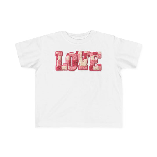 Love Toddler Tee with tufted LOVE letters in pinkish-red and cream, offering softness and a classic fit ideal for toddlers' sensitive skin.