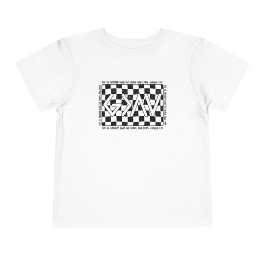 Gods Highs and Lows Toddler Tee features a black and white checkered design on a white, short-sleeved shirt, made from soft Airlume cotton for comfort.