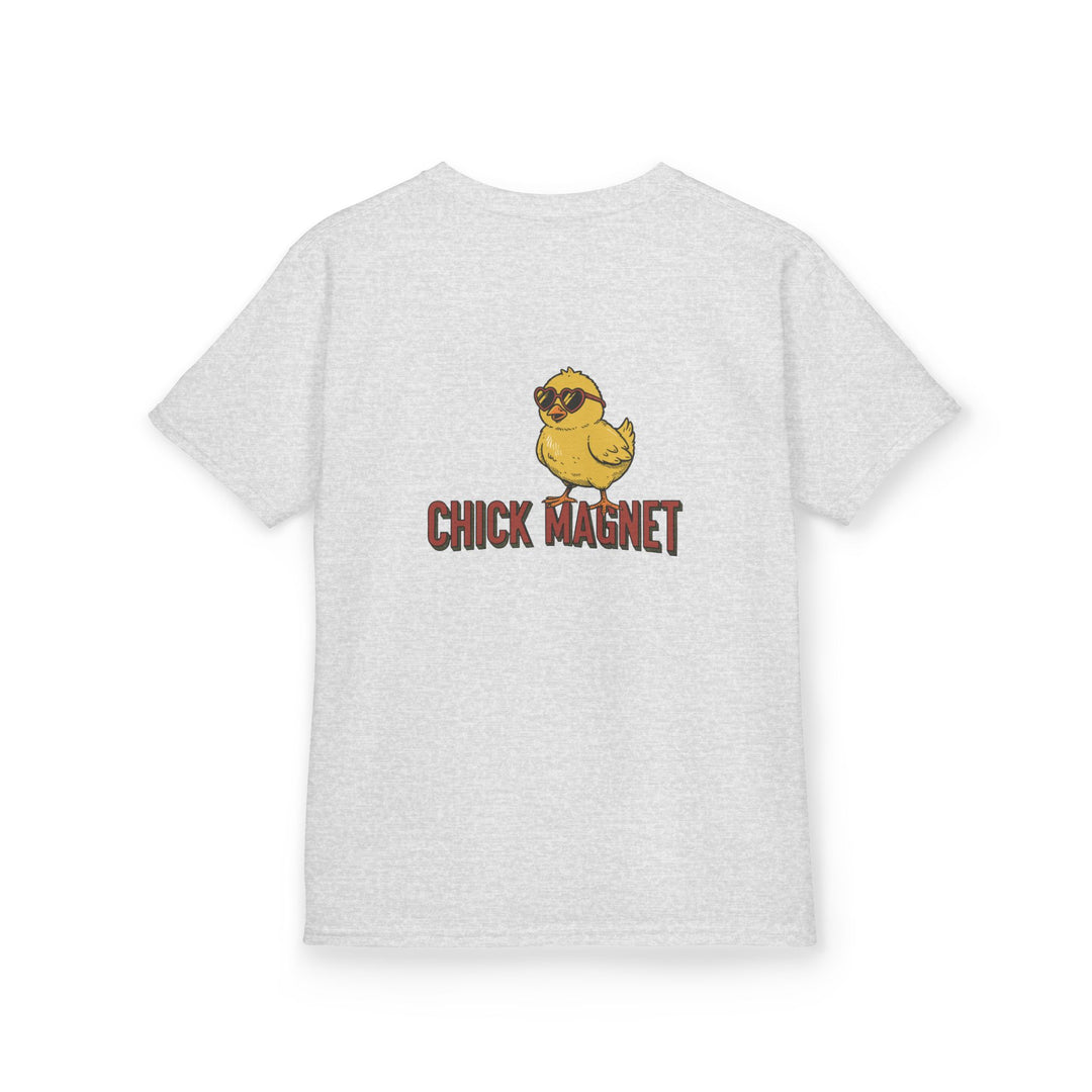 Chick Magnet Kids Tee: Light-gray T-shirt featuring a playful yellow chick with heart-shaped sunglasses and CHICK MAGNET text, perfect for everyday wear.