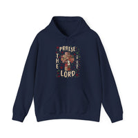 Praise the Lord Hoodie with patchwork cross, festive bow, stars, and Psalms 106:1 text on navy-blue, offering warmth and style for chilly days.