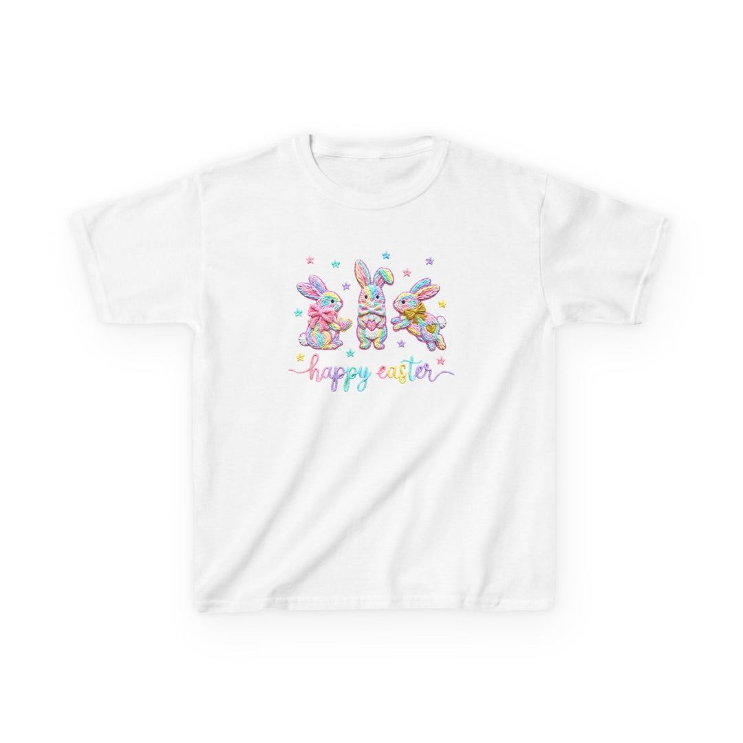 Easter Bunny Kids Tee features three pastel-colored bunnies and happy easter text on a white cotton T-shirt, perfect for everyday wear.