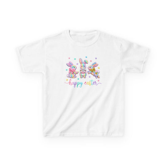 Easter Bunny Kids Tee features three pastel-colored bunnies and happy easter text on a white cotton T-shirt, perfect for everyday wear.
