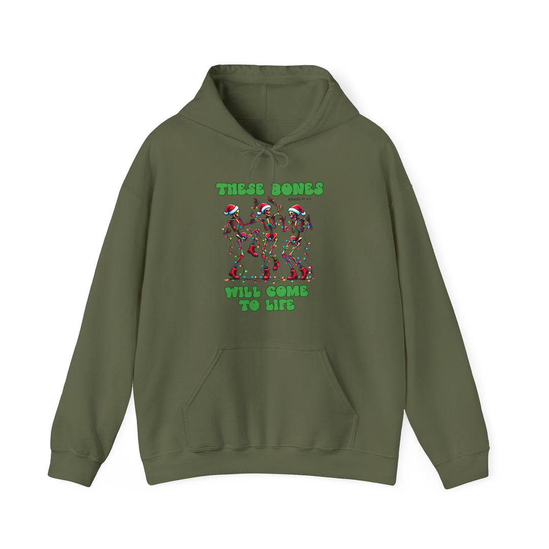 Bones Come to Life Hoodie featuring dancing skeletons with Christmas lights and Santa hats, Ezekiel 37:4–5 reference; cozy, unisex fit with pouch pocket and color-matched drawstring.
