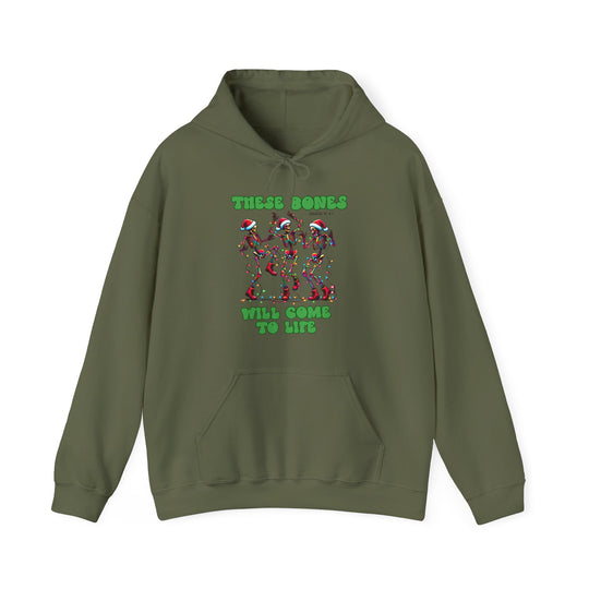 Bones Come to Life Hoodie featuring dancing skeletons with Christmas lights and Santa hats, Ezekiel 37:4–5 reference; cozy, unisex fit with pouch pocket and color-matched drawstring.