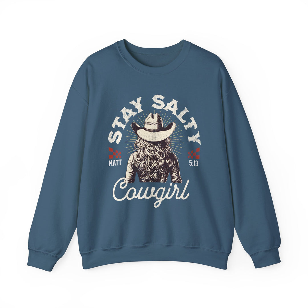 Stay Salty Crew sweatshirt featuring a cowboy hat graphic, ideal for comfort with its cotton-polyester blend and ribbed collar, perfect for unique style lovers.