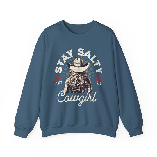 Stay Salty Crew sweatshirt featuring a cowboy hat graphic, ideal for comfort with its cotton-polyester blend and ribbed collar, perfect for unique style lovers.