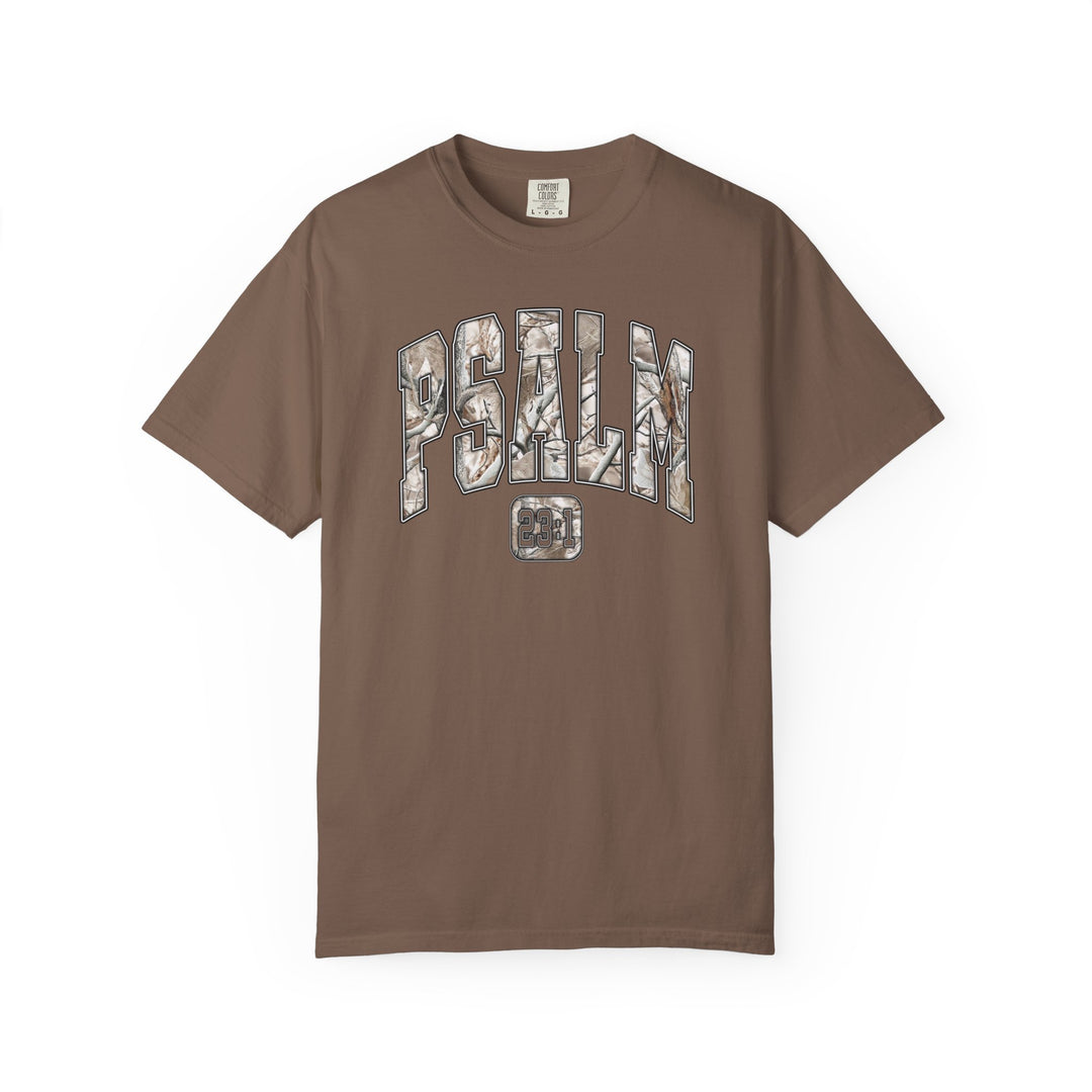 Camo Psalm 23 Tee: Brown short-sleeve T-shirt featuring PSALM in camo letters with 23:1 below, made from a comfortable cotton-polyester blend.