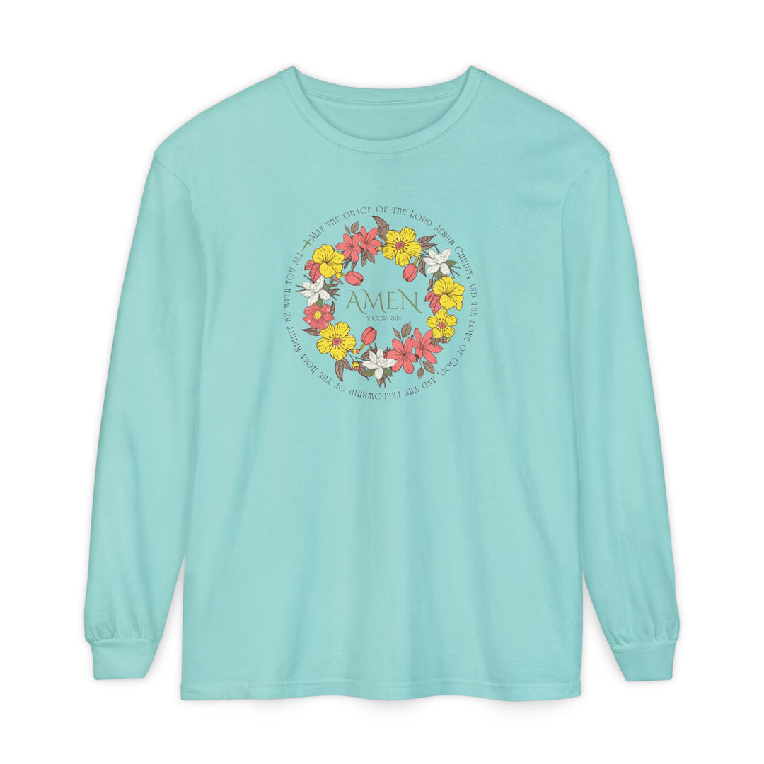 Amen Long Sleeve Tee featuring a floral wreath with AMEN and 2 Cor 13:14 on a soft, 100% ring-spun cotton fabric, perfect for casual wear.