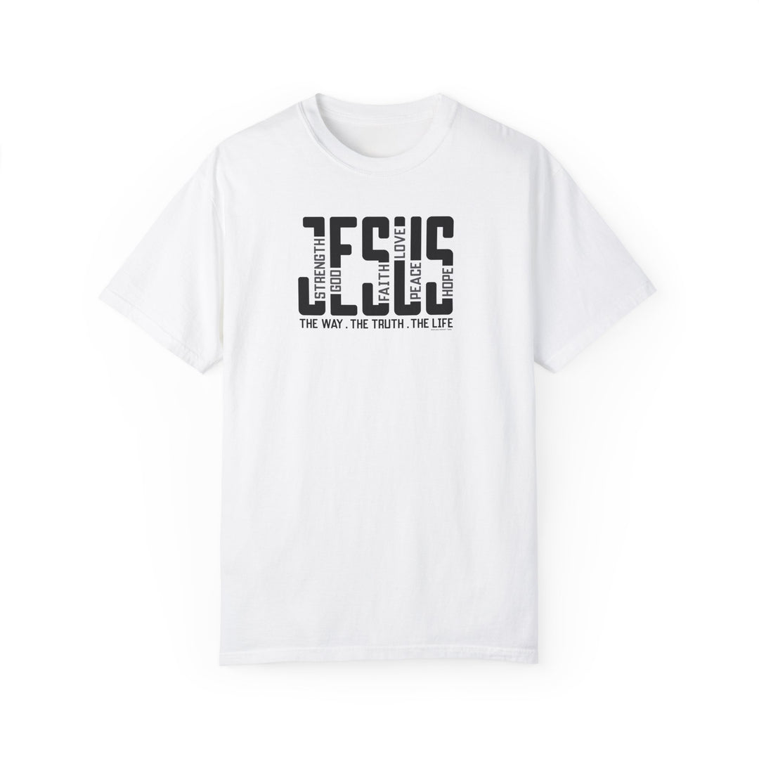 Relaxed fit Jesus Tee, white t-shirt with black text. 100% ring-spun cotton, soft-washed, durable double-needle stitching, tubular shape. Ideal for daily wear.