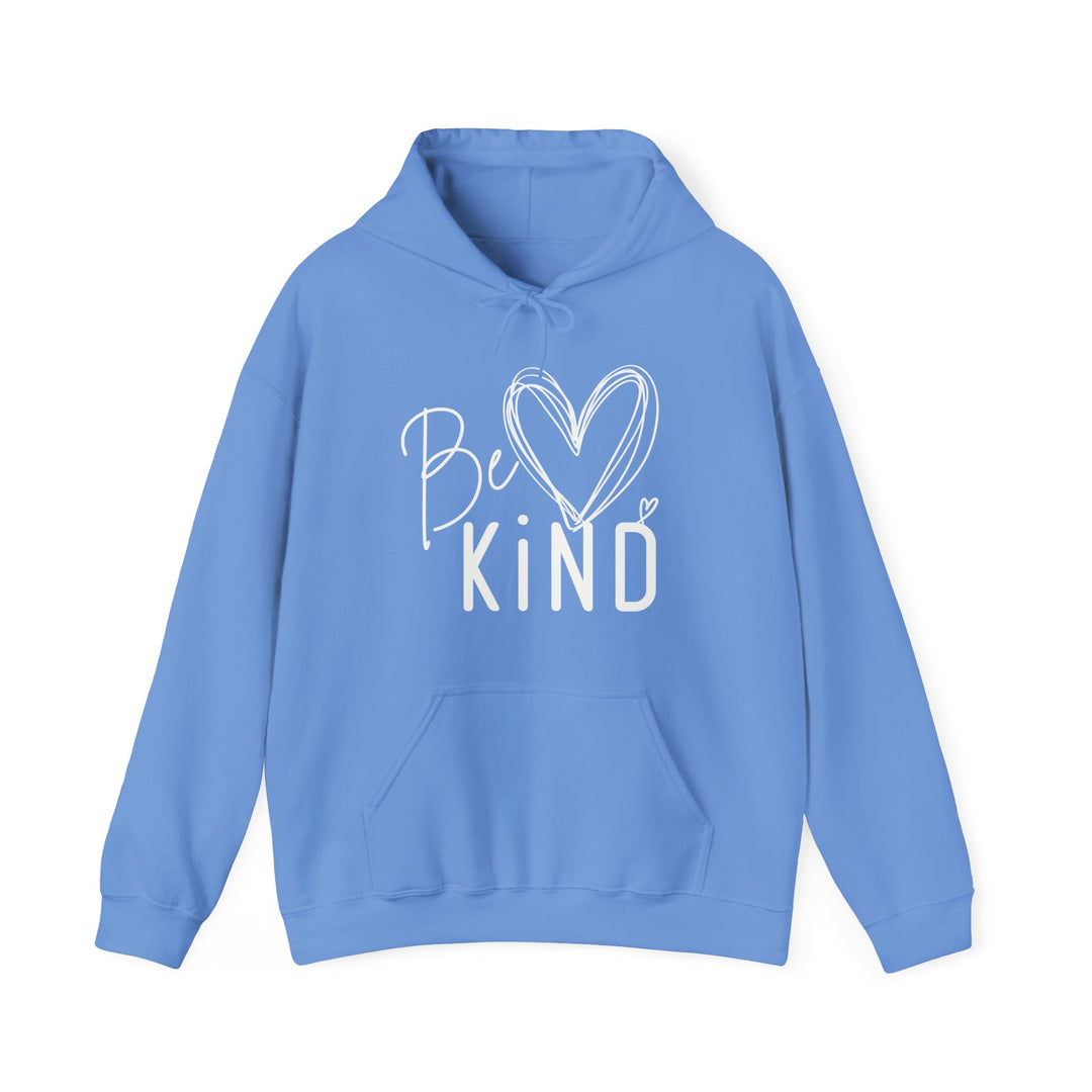 Light-blue Be Kind hoodie with heart design, kangaroo pocket, and matching drawstring, blending comfort and style for chilly days.
