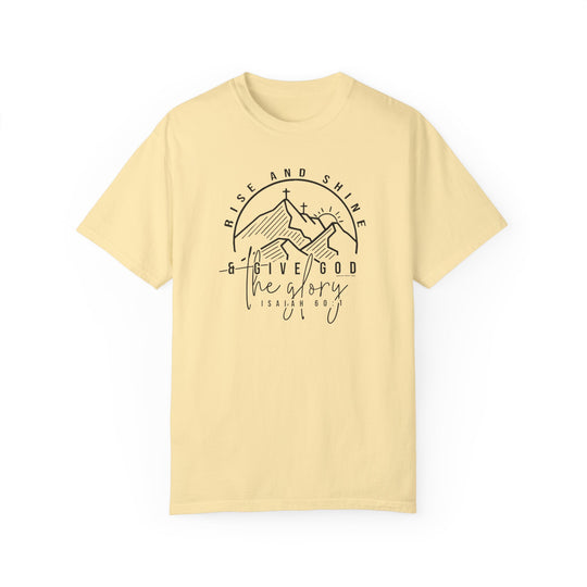 Yellow Rise and Shine Tee, featuring a graphic design with a cross and mountains on 100% ring-spun cotton. Relaxed fit, double-needle stitching, and no side-seams for durability and comfort.