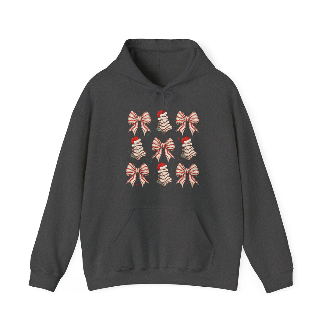 Cookies and Bows Hoodie featuring a 3x3 grid of holiday-themed icons on a dark pullover, complete with a kangaroo pocket and drawstring hood.
