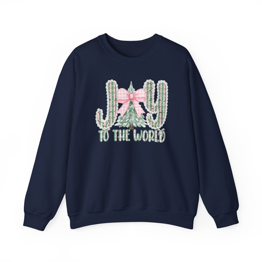 Joy to the World Crew: Navy-blue sweatshirt featuring cacti and Christmas tree graphic spelling JOY, perfect for cozy, stylish holiday comfort.
