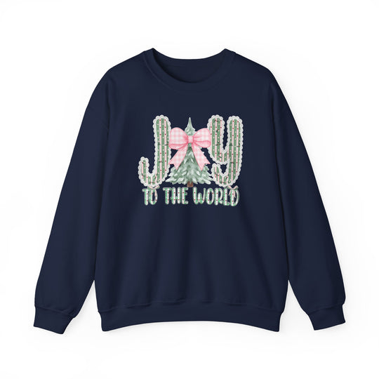 Joy to the World Crew: Navy-blue sweatshirt featuring cacti and Christmas tree graphic spelling JOY, perfect for cozy, stylish holiday comfort.