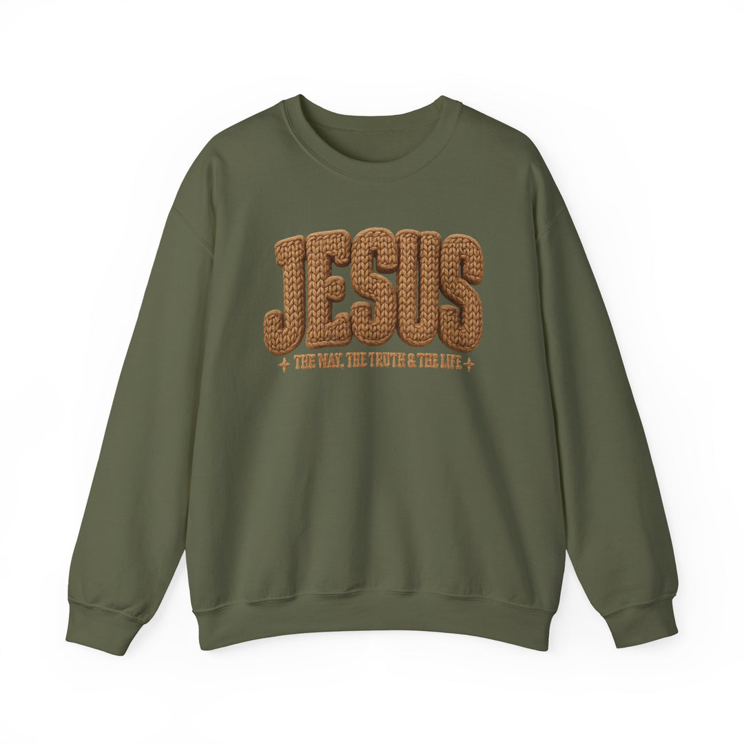 Olive-green crewneck sweatshirt featuring bold JESUS rope-knit graphic and The Way, The Truth & The Life text, offering comfort with a polyester-cotton blend.