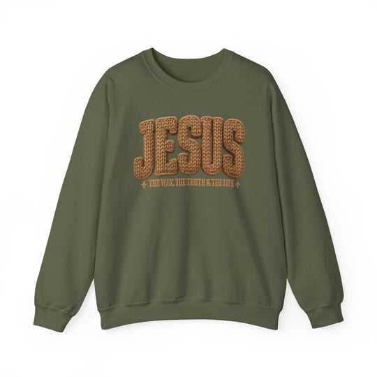 Olive-green crewneck sweatshirt featuring bold JESUS rope-knit graphic and The Way, The Truth & The Life text, offering comfort with a polyester-cotton blend.
