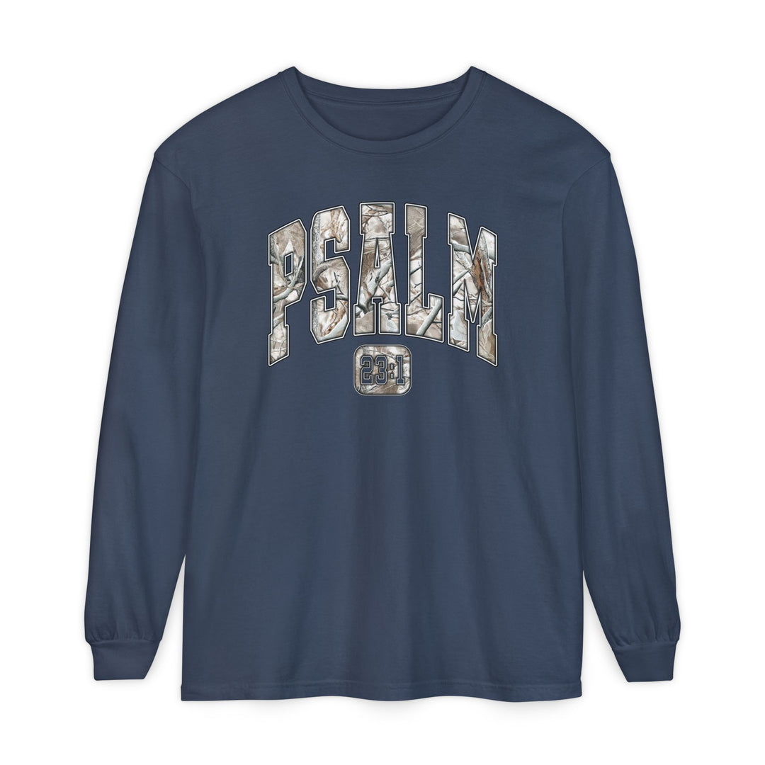Navy-blue long-sleeve tee with PSALM in camo print and 23:1 below, exemplifying Christian faith. Made from soft, 100% ring-spun cotton.