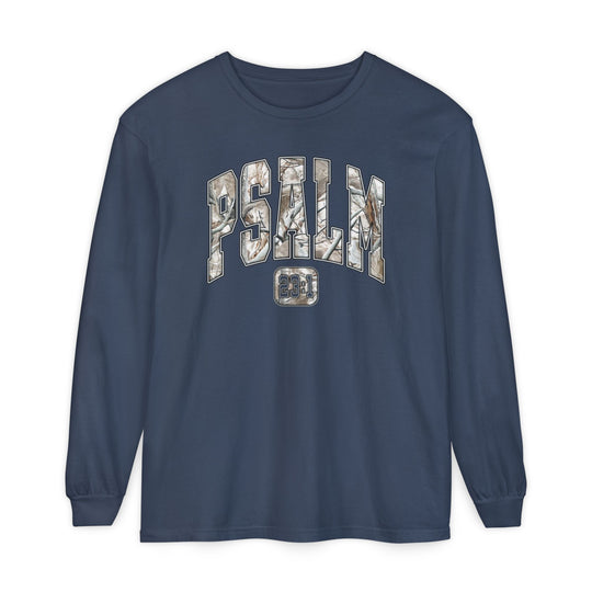 Navy-blue long-sleeve tee with PSALM in camo print and 23:1 below, exemplifying Christian faith. Made from soft, 100% ring-spun cotton.