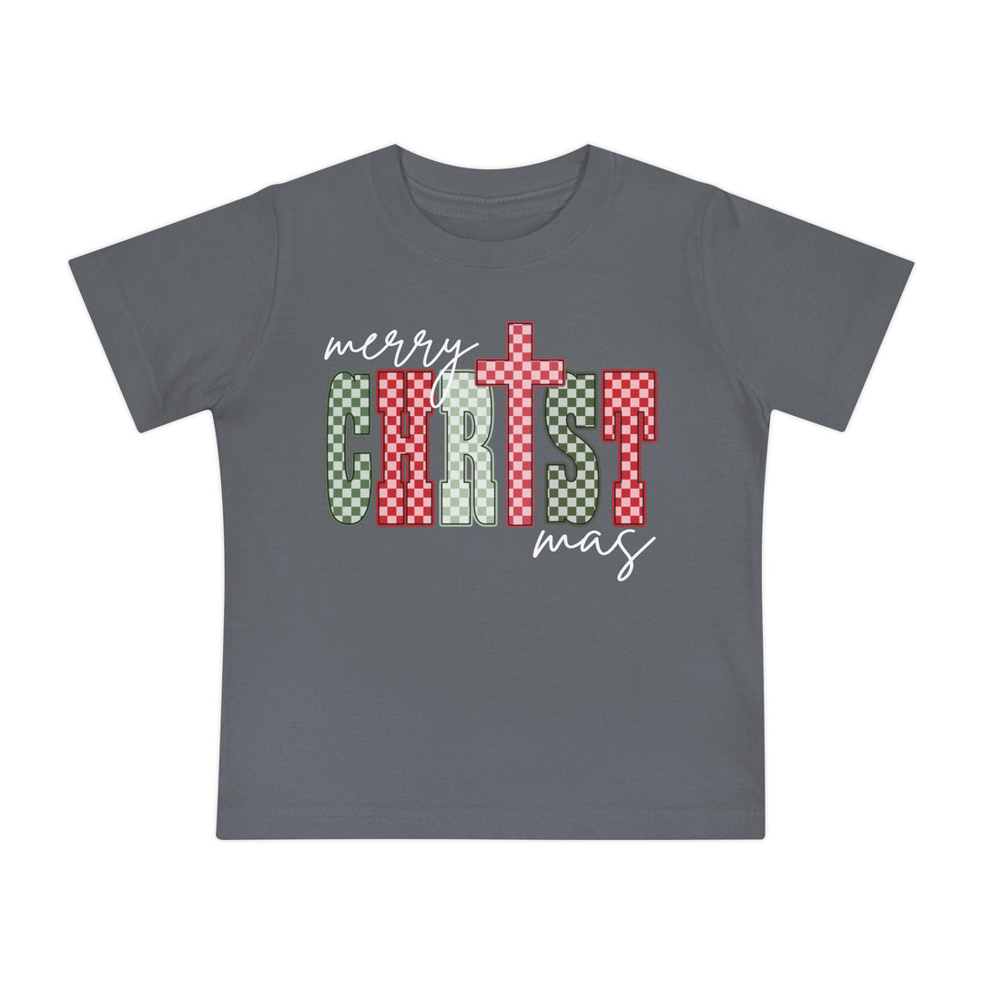 Heather-gray children's T-shirt with merry CHRISTmas design in cursive and checkerboard block letters, combining style and comfort for young kids.