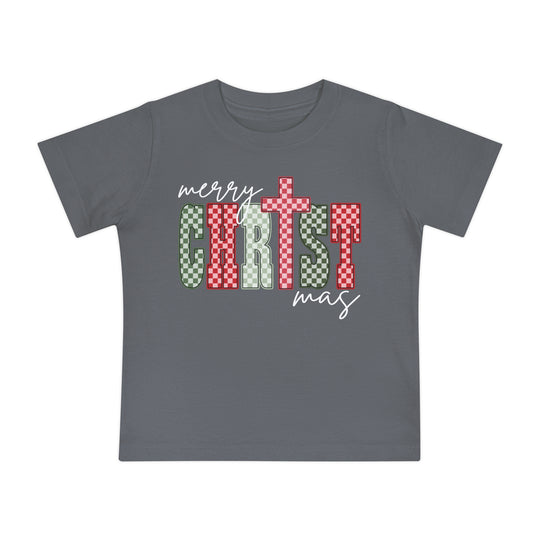 Heather-gray children's T-shirt with merry CHRISTmas design in cursive and checkerboard block letters, combining style and comfort for young kids.